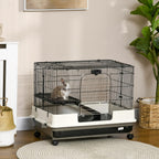 PawHut 26" Small Animal Cage with Wheels, 2-Level Portable Bunny Cage, Chinchilla Ferret Cage with Removable Tray, Platform and Ramp