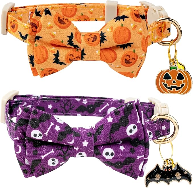 Faygarsle 2 Pack Halloween Cat Collar with Bow Tie and Bell, Breakaway Safety Buckle, Purple Skull Bat and Orange Pumpkin Pattern
