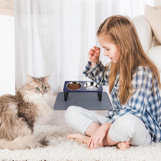 Upgraded Elevated Cat Bowls with Food Mat,15°Tilted Stand Anti Vomiting Raised Cat Dishes for Food and Water,2 Stainless Steel Bowls for Cats and Puppies（Navy Blue）