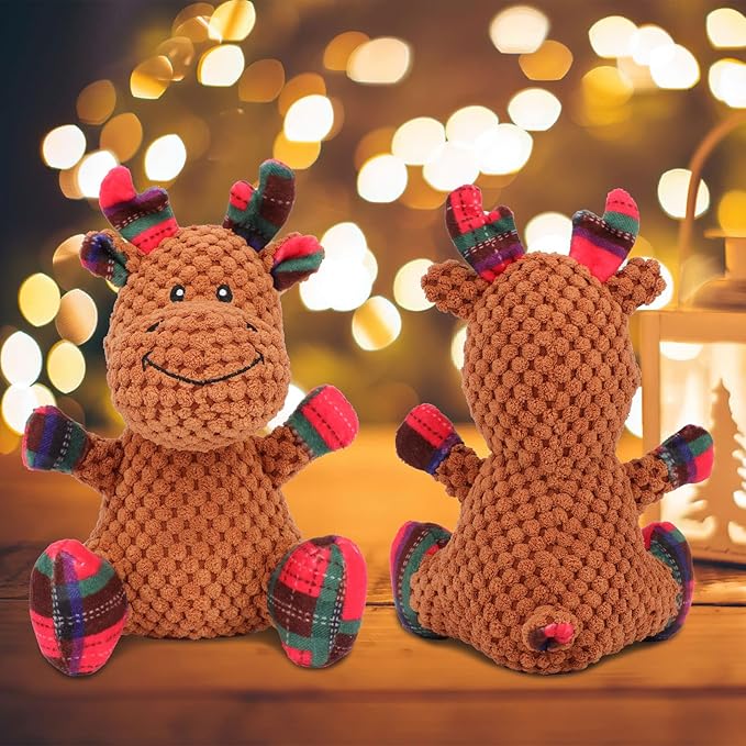 Rypet Pet Christmas Toy Dog Stuffed Squeaky Toys Puppy Durable Plush Toy Reindeer Dog Toys for Medium Small Dogs