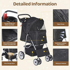 ZENY Foldable Pet Stroller, Cat/Dog Stroller with 4 Wheel, Pet Travel Carrier Strolling Cart with Storage Basket, Cup Holder (Black)