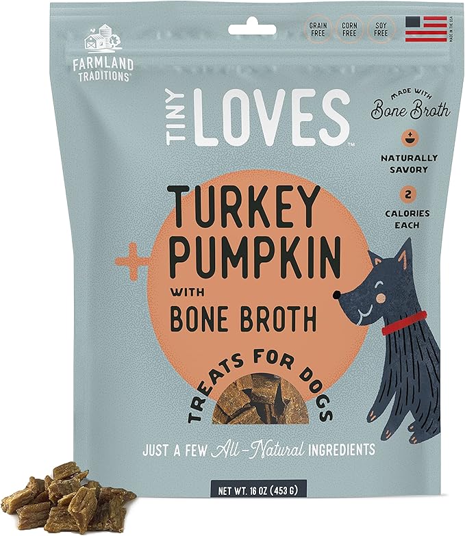 Farmland Traditions Tiny Loves Jerky Trainer Treats for Dogs w/Bone Broth (Turkey & Pumpkin, 16 oz.)