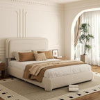 Full Bed Frame, Teddy Velvet Boucle Bed Frame with 43.3"/45.3" Adjustable Upholstered Headboard, Rounded Corners, Mattress Foundation, No Box Spring Required, Beige