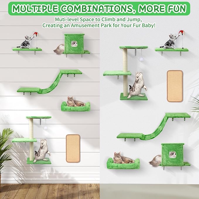 Cat Wall Shelves, 6 in 1 Cat Wall Furniture Set with Condos House, Bed, Bridge, Tree, Steps, Scratching Board, DIY Walls Playground for Indoor (Green)