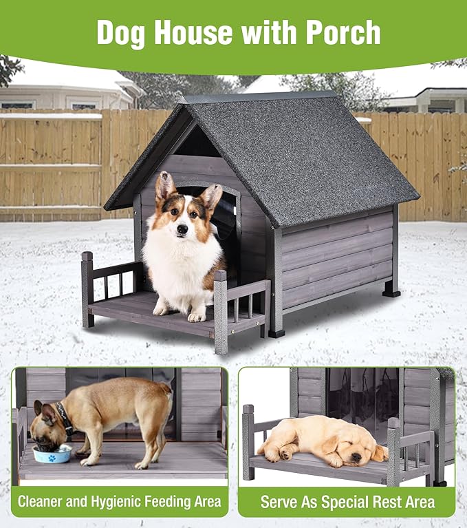 GUTINNEEN Insulated Dog House Outdoor, Waterproof Dog Kennel with Anti-Bite Design, Asphalt Roof, Elevated Base, PVC Curtain, for Small to Medium Dogs - Grey