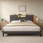King Size Bed Frames with Upholstered Headboard, Modern Platform Bed with Charging Station and Led Lights, Bed Frame with Sturdy Wooden Slats/No Box Spring Needed/2-Tier Storage, Grey