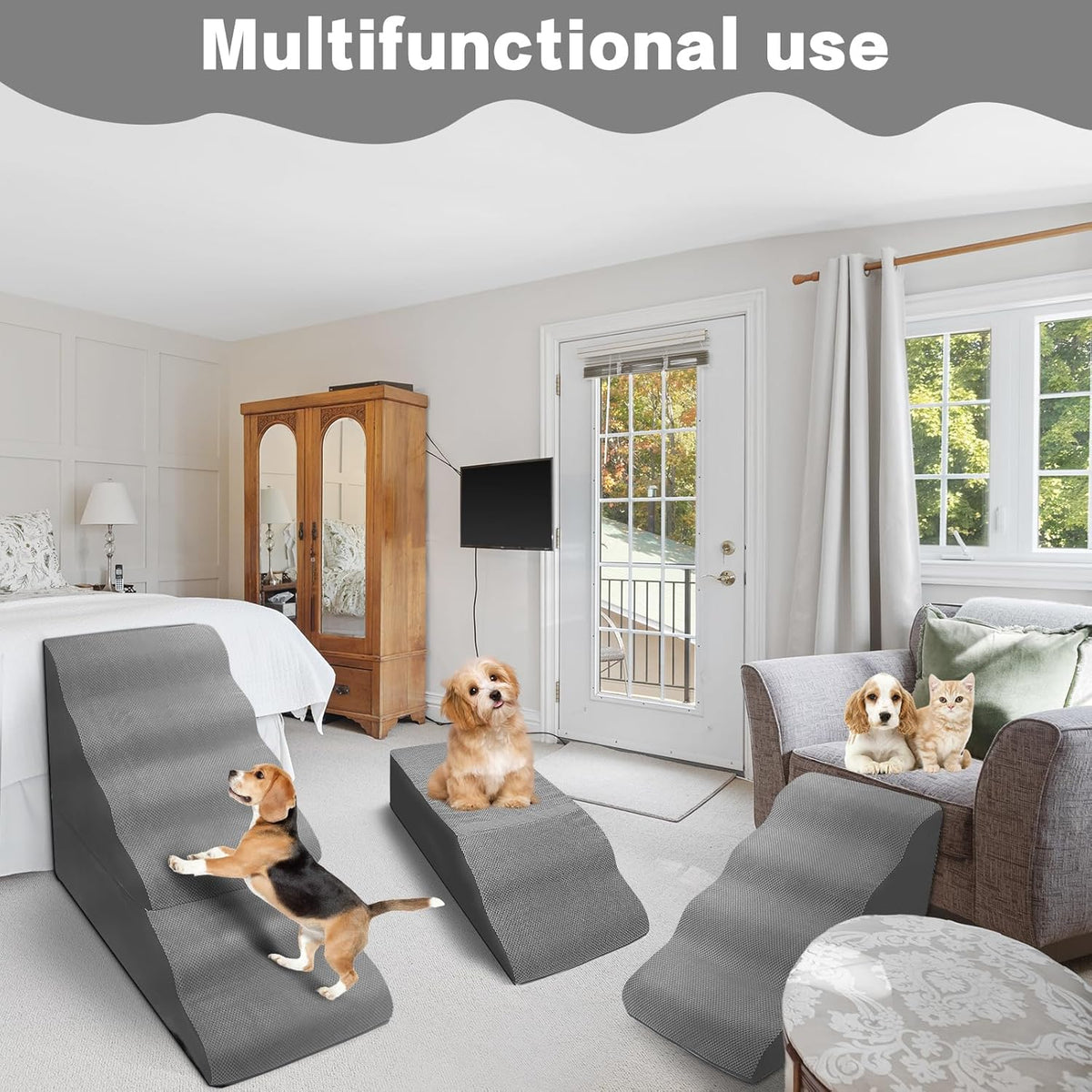 Dog Stairs for High Beds 30-36 inches Tall, 6-Step Dog Steps for Bed 32-36 inches for Small Large Dogs, Dog Ramp for Bed, 30D Foam Pet Stairs/Steps for High Beds for Old Dogs/Cats, Grey