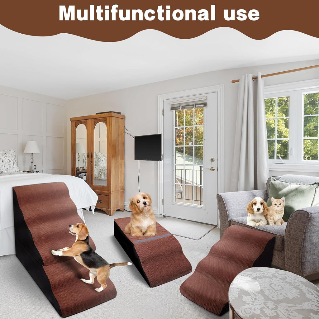 Dog Stair Steps for High Bed, 6-Step Dog Ramps for High Beds Climbing for Doggy/Kitty, Curved Pet Stairs for Small/Old Dogs/Cats, Brown