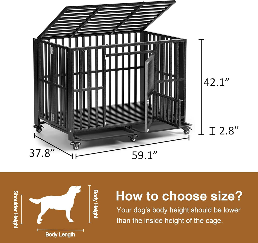 Polar Aurora Heavy Duty Dog Crate, Foldable Indestructible Dog Kennel, Escape Proof Extra Large Dog Cage with Lockable Wheels, High Anxiety Pet Playpen with Double Door for Indoor/Outdoor Use. (60in)