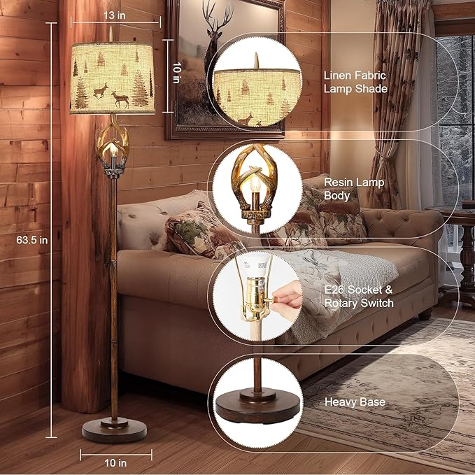 Scenekoy Rustic Farmhouse Antlers Floor Lamp with Nightlight Brown Finish Round Shade Lamps for Living Room Bedroom Office Study House
