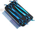 7.0in Titanium Professional Pet Grooming Scissors Set, GEMEK 6 in 1 Straight & Thinning & Upwards Curved & Downwards Curved Scissors & Comb for Dogs, Cats (Blue)
