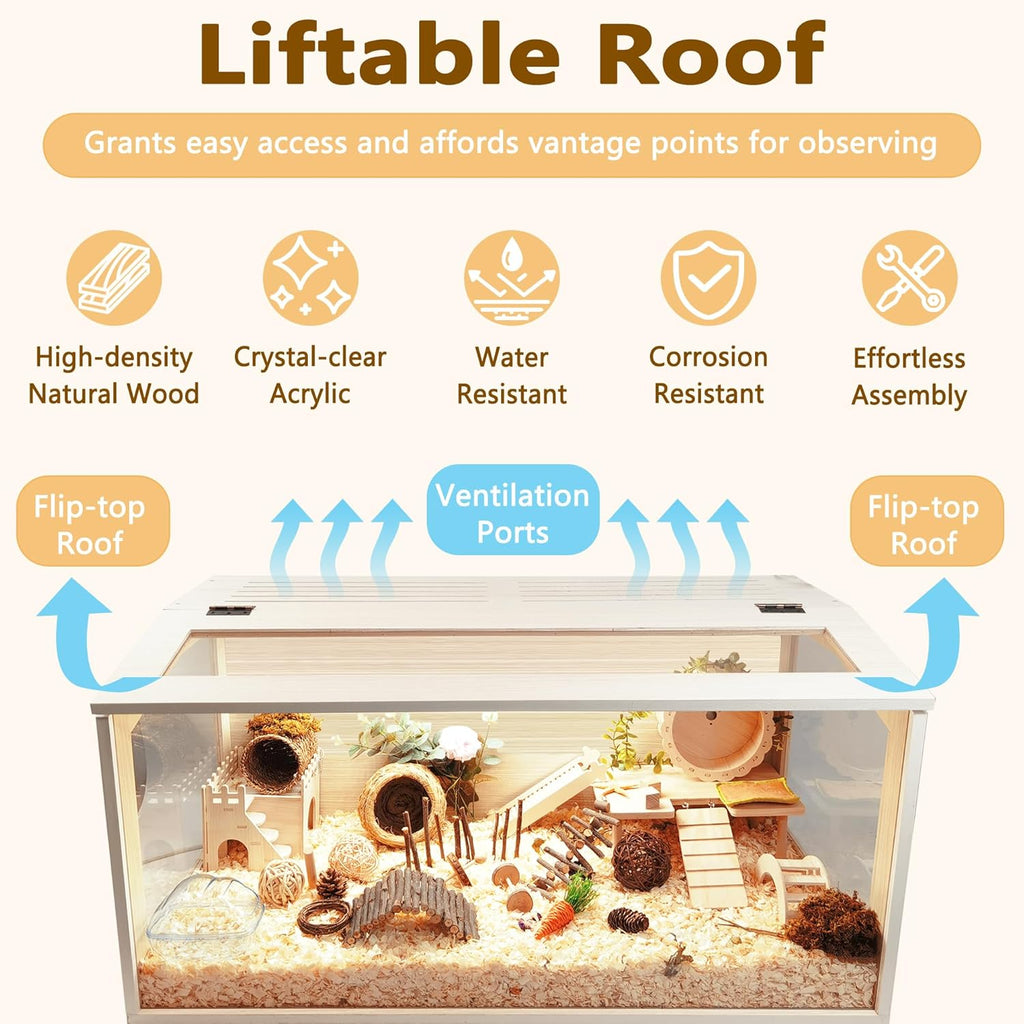 Prolee Hamster Cage Wooden Chew Proof, Extra Large Mice and Rat Habitat Openable Top with Acrylic Sheets Solid Built Small Animal Cage with Leg Stands, 40 Inch Long