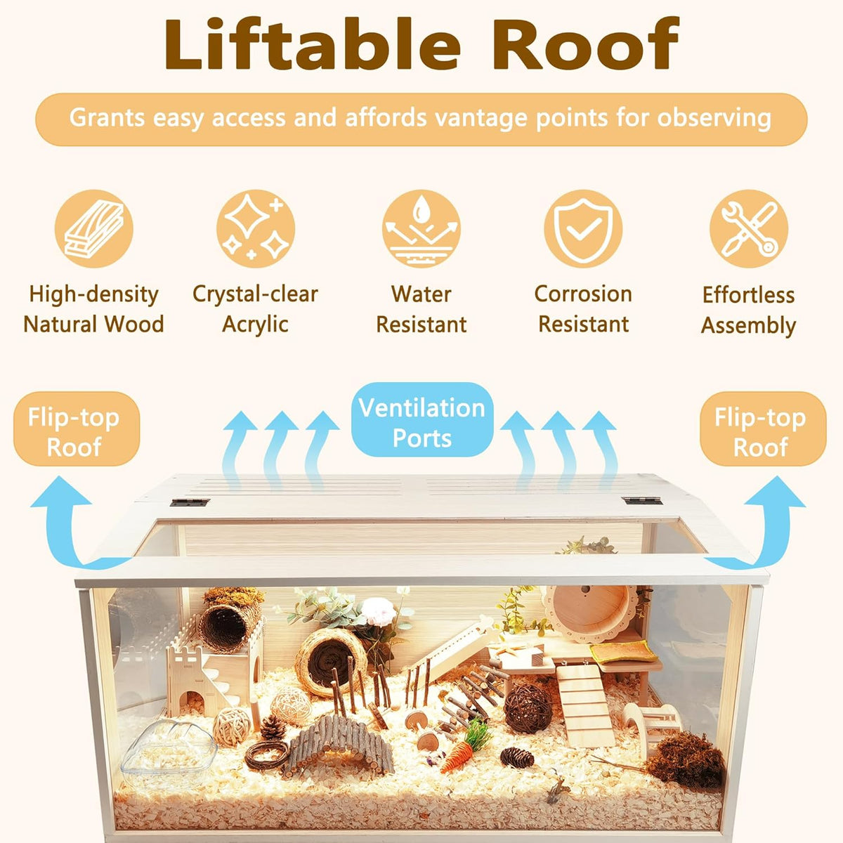 Prolee Hamster Cage Wooden Chew Proof, Extra Large Mice and Rat Habitat Openable Top with Acrylic Sheets Solid Built Small Animal Cage with Leg Stands, 40 Inch Long
