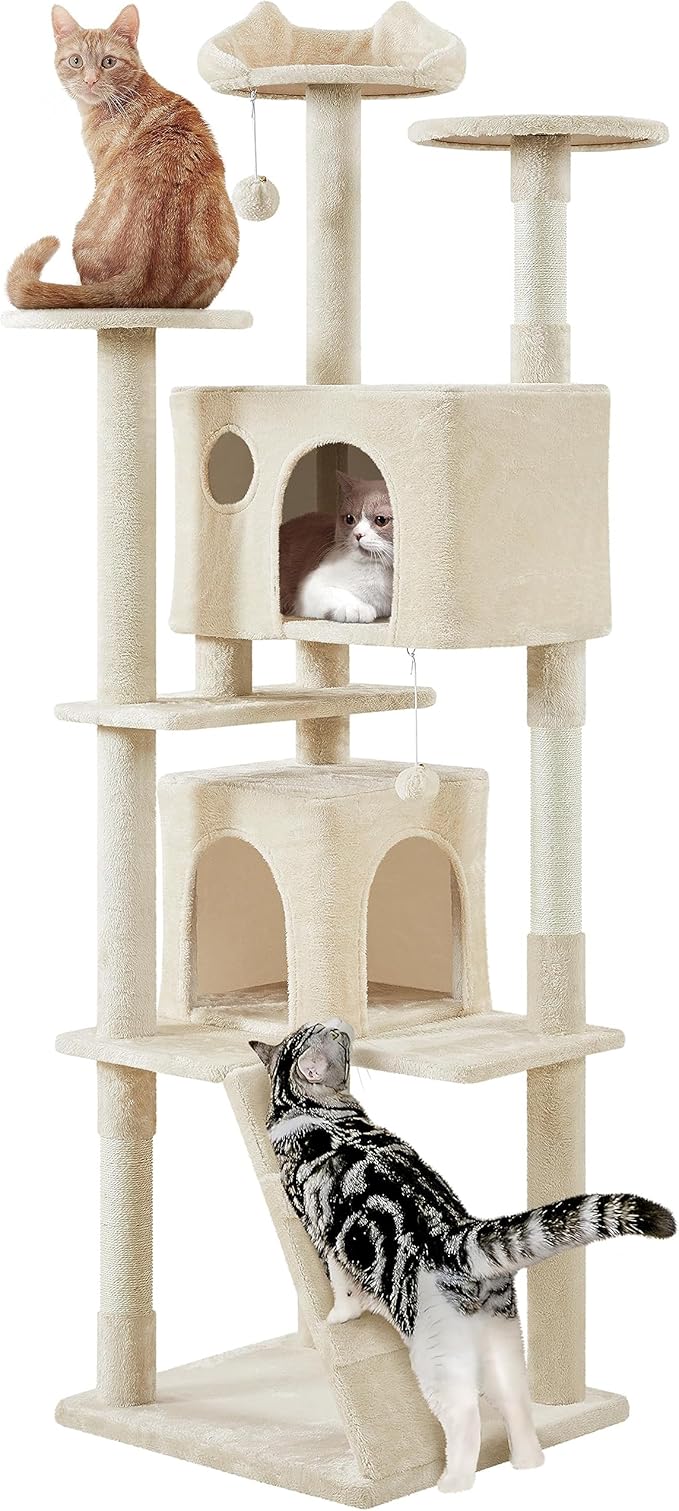 Yaheetech XL Cat Tree, 80in Multi-Level Tower w/Scratching Posts, Double Condo, Perched Platforms & Dangling Balls, Cat Stand House for Kittens