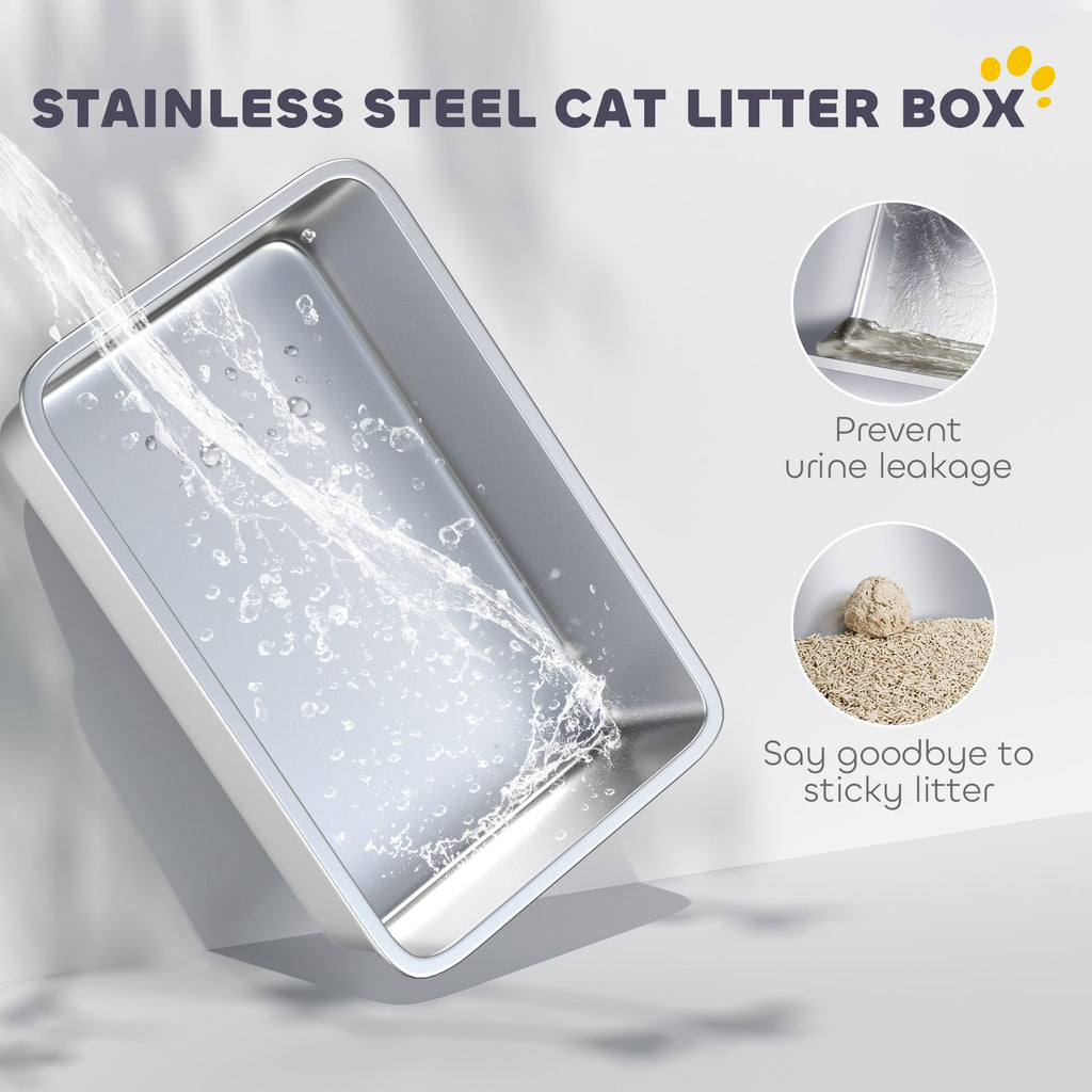 2 in 1 Stainless Steel Cat Litter Box with Removable Lid, Scoop, Filter Bags, for Small to Large Cats, White
