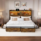 LARMACE King Size Bed Frame with 6 Storage Drawers and Headboard Wooden Platform Bed Frame with LED Lights and Charging Station Easy Assembly/No Box Spring Needed/Vintage Brown