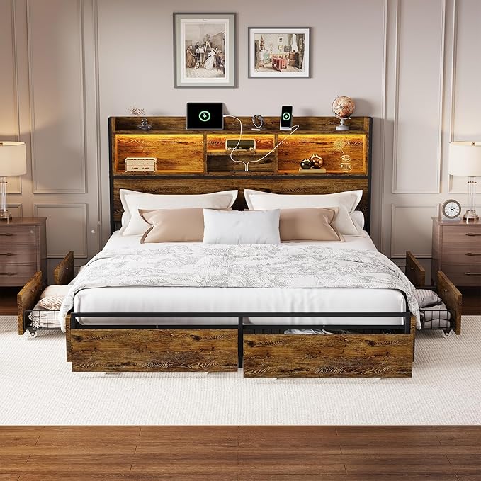 LARMACE King Size Bed Frame with 6 Storage Drawers and Headboard Wooden Platform Bed Frame with LED Lights and Charging Station Easy Assembly/No Box Spring Needed/Vintage Brown