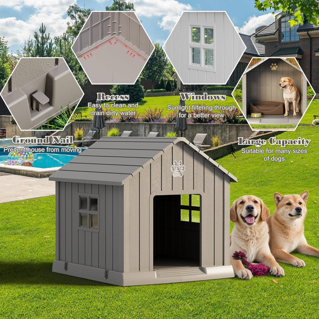 Large Dog House Outdoor Indoor for Medium Large Dogs, Durable Plastic Waterproof Doghouse with Air Vents and Elevated Floor, Easy Clean and Assemble (Grey, 31" L x 33.3" W x 33.5" H)