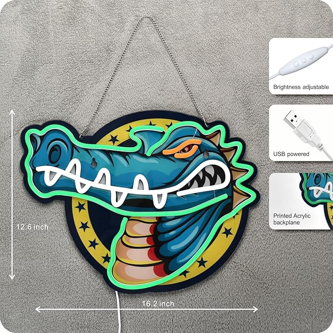 IMTATTO Alligator neon sign crocodile LED light for wall decor, USB powered, bar pub store club garage bedroom, home artwork
