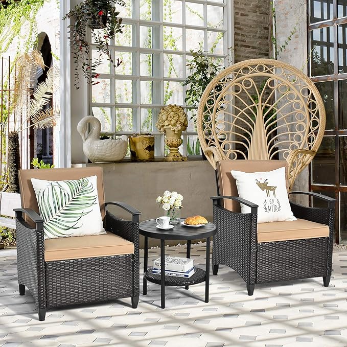 Tangkula 3 Piece Rattan Sofa Set, Patio Conversation Bistro Set w/Coffee Table, Seat and Back Cushions, Sturdy Steel Frame, Outdoor Furniture Set for Garden, Backyard, Balcony, Poolside
