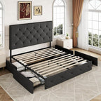 Allewie Upholstered Full Size Platform Bed Frame with 4 Storage Drawers and Headboard, Diamond Stitched Button Tufted, Mattress Foundation with Wooden Slats Support, No Box Spring Needed, Dark Grey