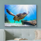 wall26 Canvas Print Wall Art Sunlight Ray Tropical Turtle Swimming Ocean Nature Animals Photography Realism Rustic Scenic Landscape Wilderness Colorful for Living Room, Bedroom, Office - 12"x18"