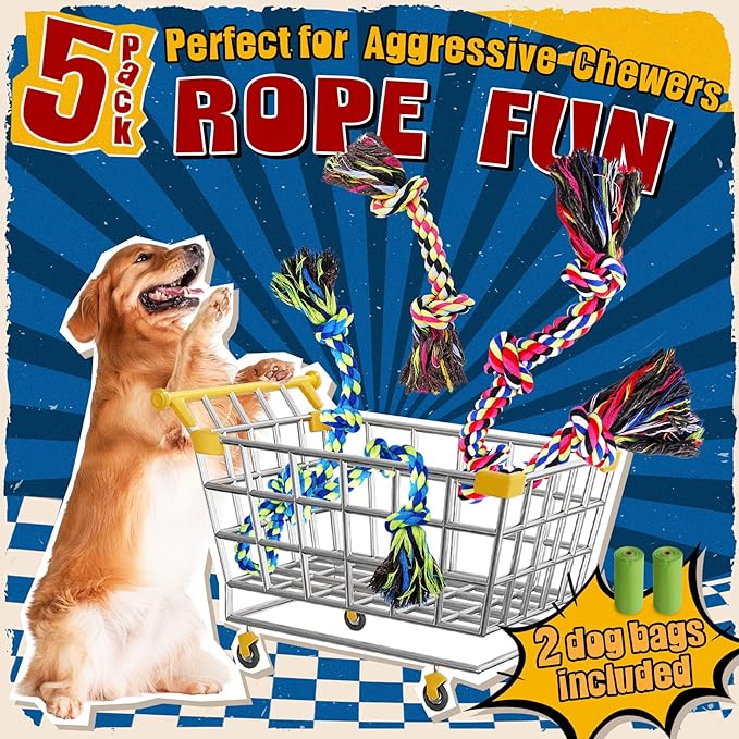 Heavy Duty Dog Toy for Aggressive Chewers – Tough Chew Toys for Large Dogs, Ideal for Tug-of-War & Teeth Cleaning, with 3 Rope Toys & 2 Dog Bags