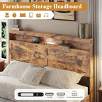 Farmhouse Wooden Bed Frame Queen Size with Storage Headboard, Boho Platform Bedframe with LED Lights and Charging Station, Metal Slats Support, No Box Spring Needed, Brown
