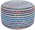 SIMPLIHOME Margo Boho Round Pouf in Blue Braided Jute for the Living Room, Bedroom and Kids Room