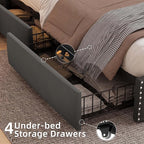 BRELTAM King Size Bed Frame with 4 Storaged Drawers Upholstered Velvet Bed Frame with LED and Charging Station,Platform Bed Frame with Headboard Heavy Duty Wood Slats, Noise Free, Easy Assembly,Grey
