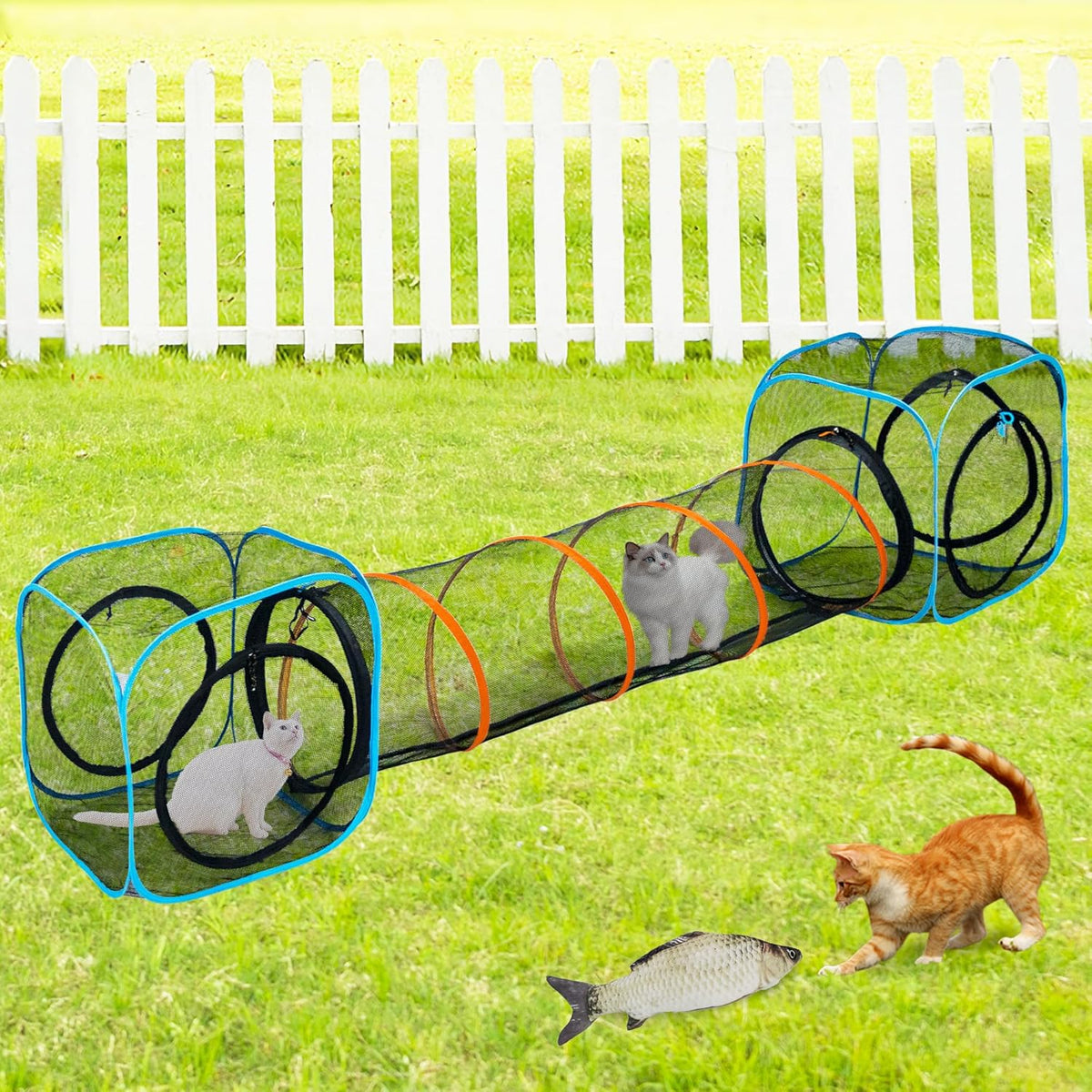 Pet Play Tunnel + Cube(with Three Ways) for Indoor and Outdoor, Kitty Play House, Cat Enclosures, Collapsible Cat Tent, Cage, Kitten Toys Easy to Connect with Kitty Tent（2 Cubes + Run Tunnel）