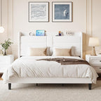 SHA CERLIN King Size Bed Frame with Charging Station & Storage Shelf, Velvet Upholstered Modern Platform Bed with Wingback Headboard, Wooden Slats Support, No Box Spring Needed, Easy Assembly, White