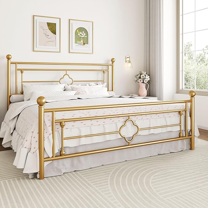 SHA CERLIN 14 Inches King Size Metal Platform Bed Frame/Vintage Iron-Art Headboard and Footboard/Mattress Foundation for Storage/No Box Spring Needed/Noise-Free/Easy Assembly/Gold