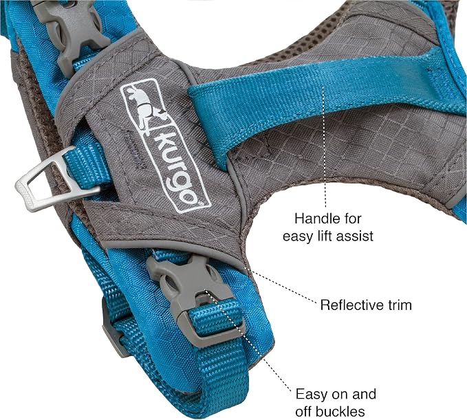 Kurgo Journey Air Dog Harness, Blue, Small | Padded Chest, Ripstop Outer & Breathable Mesh, Back Assist Handle, Rust-Free Aluminum Hardware, Reflective Trim