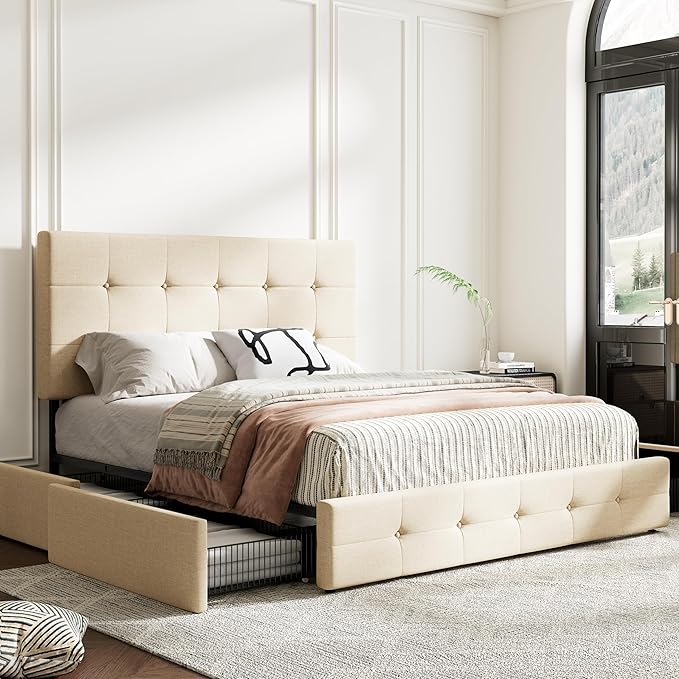 MUTICOR Queen Size Bed Frame with 4 Storage Drawers, Upholstered Platform Bed with Button Tufted Adjustable Headboard, No Box Spring Needed, Easy Assembly, Square Tufted, Beige Fabric