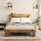 Wood King Size Bed Frame with Headboard, Farmhouse Platform Bed Frame with Bookcase Shelf,LED Lights,Charging Station,Heavy Duty Supports,No Box Spring Needed,Dark Brown