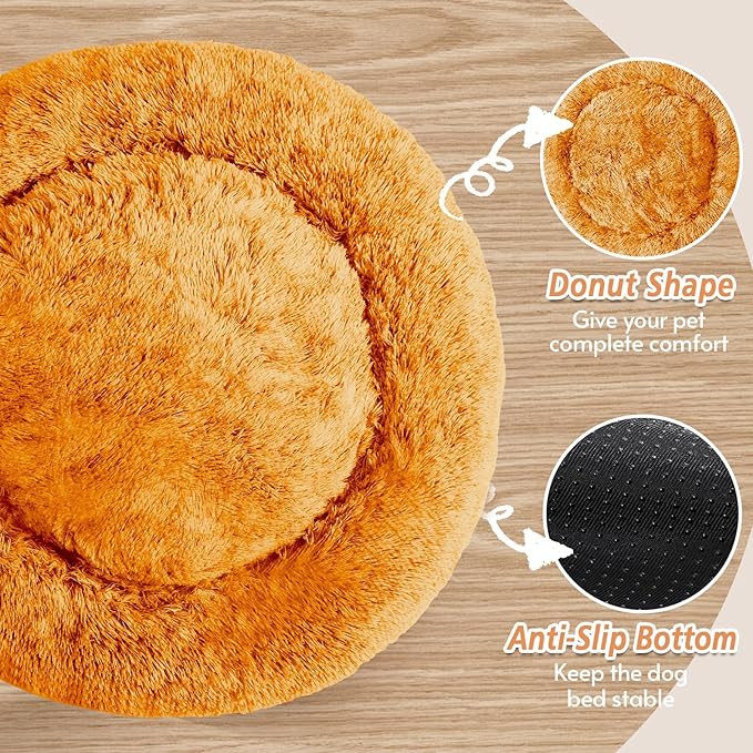 JOLLYVOGUE Calming Dog Bed for Small Dogs - 23 inches Donut Washable Small Dog Bed for Kittens & Puppies, Anti-Slip Round Fluffy Plush Faux Fur Cat Beds (Fits up to 25 lbs Pets, Orange)
