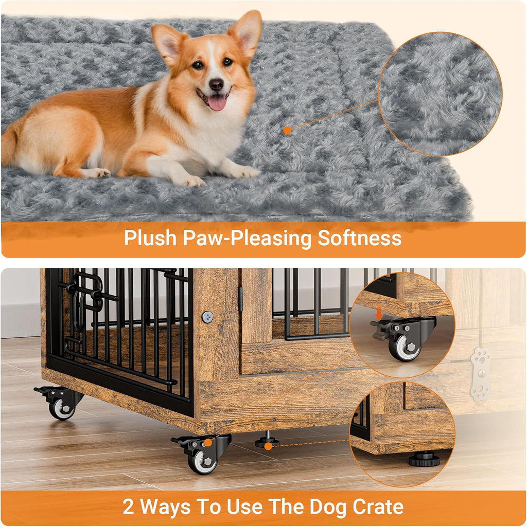 Lulive Dog Crate Furniture, Dog Kennel Indoor Double Doors Wooden Dog Cage, 32'' Heavy Duty Dog Crate with Cushion & Wheels, Decorative End Table Pet House Chew-Resistant for Medium/Small, Brown