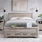 T4TREAM Farmhouse Queen Bed with Headboard and Storage Bench, Rustic Wood Platform Bed with 64" Storage Chest w/ 4 Large Drawer, Light Rustic Oak