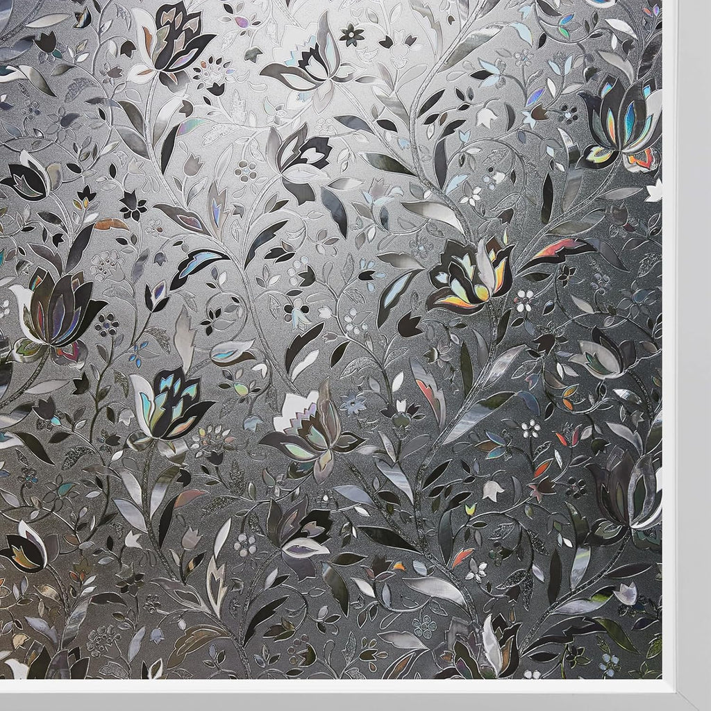 Kromapolis Window Film, Window Privacy Film Frosted, Vinyl Glass Covering, Stained Glass Decorative Film, Static Window Clings, Non-Adhesive (Grayish Black, 35.4 x 157.4 inch)