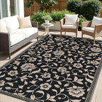 OLANLY Waterproof Outdoor Rug 5x8 ft, Outdoor Plastic Straw Rug with Flower Pattern, Reversible RV Mat for Patio, Camping, Balcony, Deck, Backyard, Black & Beige