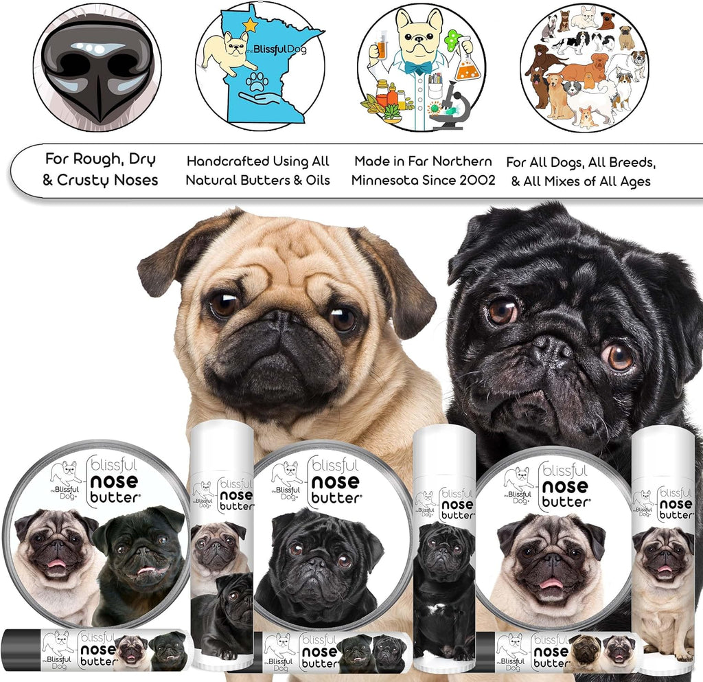 The Blissful Dog Pug Duo Nose Butter for Dry, Cracked Skin, Lick-Safe Dog Nose Balm with Moisturizing Shea Butter, Almond, Olive, and Essential Oils, Pet Supplies, Uncented, 1 oz.