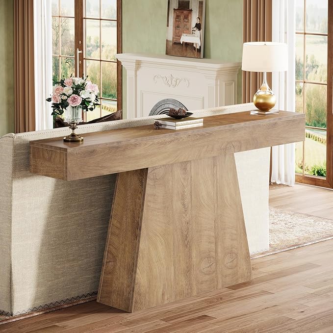 Tribesigns 63" Console Table, Farmhouse Entryway Table with Trapezoidal Base, Narrow Long Wood Sofa Table Behind Couch Table for Entrance, Hallway, Living Room, Natural