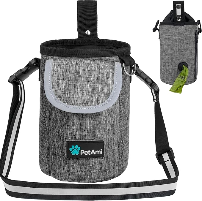PetAmi Dog Treat Pouch, Large Pet Training Treat Pouch with Pocket, Dog Trainer Essentials Supply Holder with Poop Bag Dispenser, Training Bag for Kibbles Toys, 3 Ways to Wear (Gray)