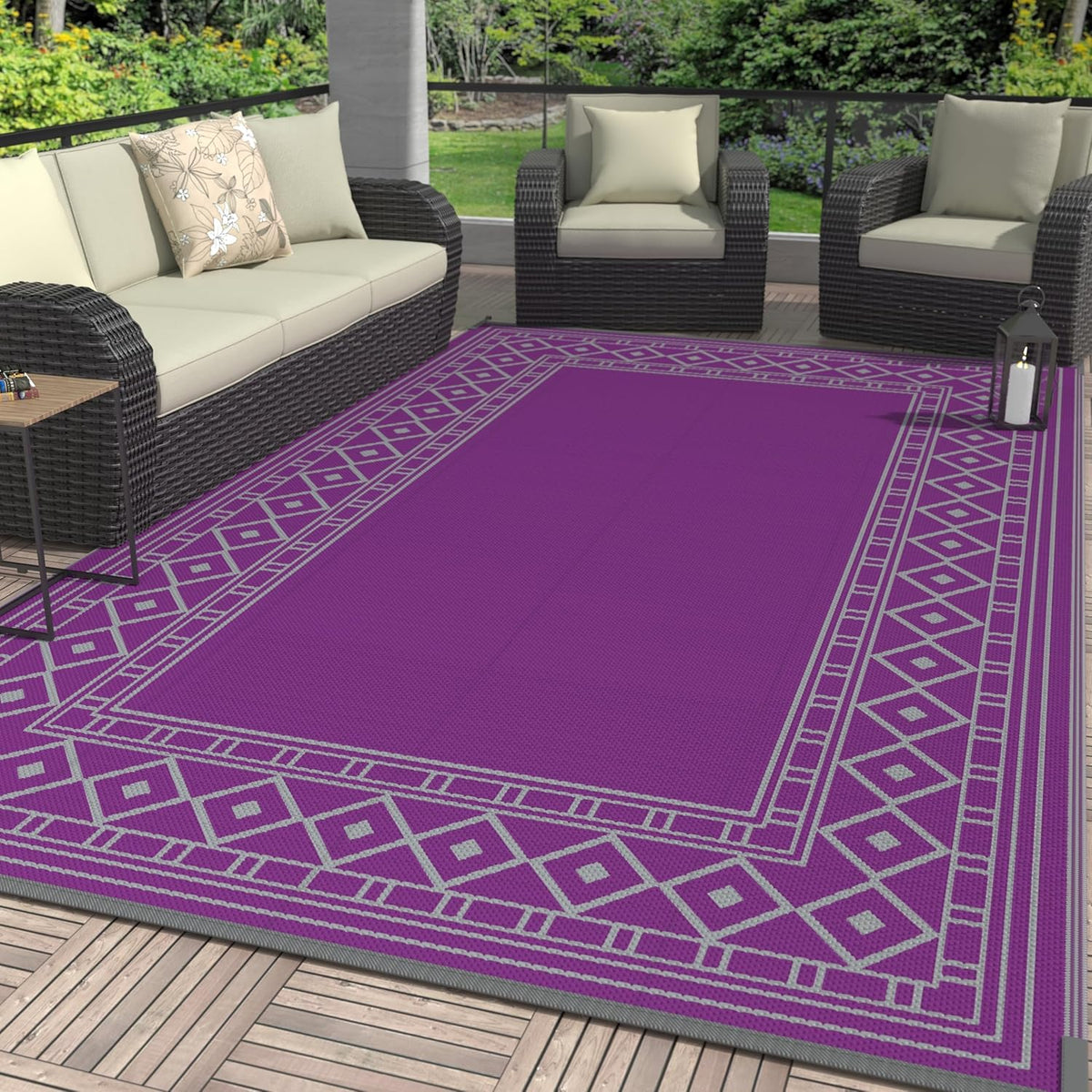 GENIMO Outdoor Rug Waterproof 6'x9' for Patio, Foldable Reversible Plastic Straw Carpet for Travel Trailers, Outside Area Mat for Rv, Deck, Picnic, Porch, Camper, Balcony, Beach, Purple & Grey