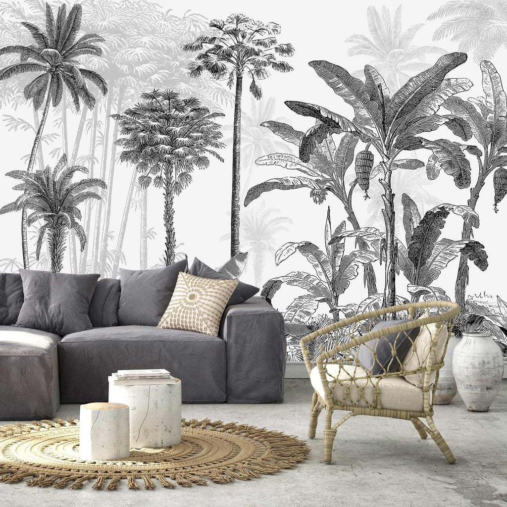 AFZEVEB-Black and White Jungle Wallpaper Hand-Painted Tree Wall murals for Bedroom 159"x107" (Not Peel and Stick)
