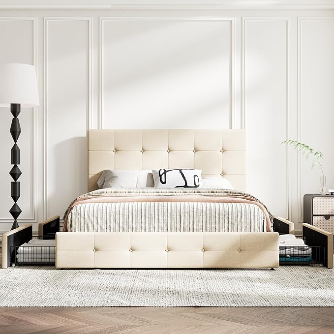MUTICOR Queen Size Bed Frame with 4 Storage Drawers, Upholstered Platform Bed with Button Tufted Adjustable Headboard, No Box Spring Needed, Easy Assembly, Square Tufted, Beige Fabric