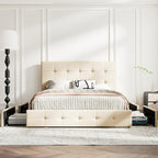 MUTICOR Queen Size Bed Frame with 4 Storage Drawers, Upholstered Platform Bed with Button Tufted Adjustable Headboard, No Box Spring Needed, Easy Assembly, Square Tufted, Beige Fabric