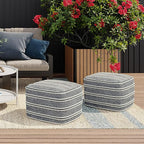 SIMPLIHOME Corrie Boho Square Woven Outdoor/ Indoor Pouf in Navy and White Recycled PET Polyester for the Living Room, Bedroom and Kids Room