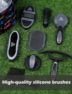 Harrison Howard Complete Horse Grooming Set, 11-Piece Advanced Daily Grooming Tools with Extra Brushes for Full Horse Care Black Brushstroke Ponies